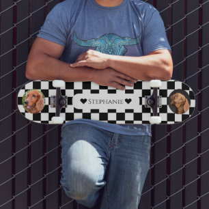 Checkered Dog Photo Template w/ Heart Name Skateboard