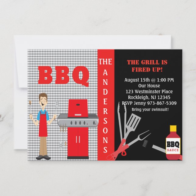 Checkered Fire Up The Grill BBQ Invitation (Front)