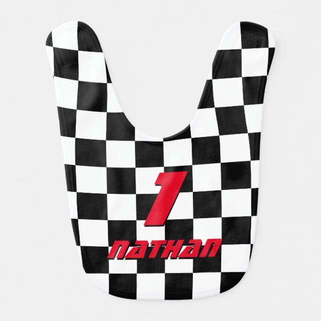Checkered flag auto racing 1st birthday baby bib (Front)