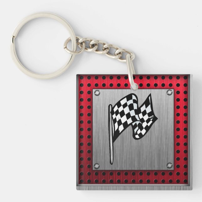 Checkered Flag; brushed aluminum look Keychain (Front)