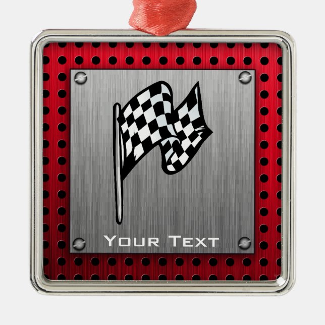 Checkered Flag; brushed aluminum look Metal Ornament (Front)