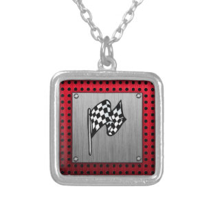 Checkered Flag; brushed aluminum look Silver Plated Necklace