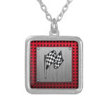 Checkered Flag; Brushed Aluminum Look Silver Plated Necklace at Zazzle