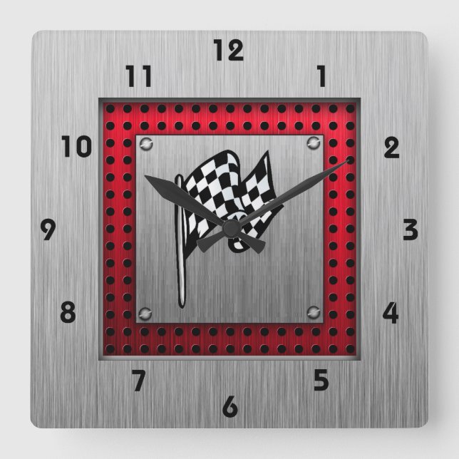 Checkered Flag; brushed aluminum look Square Wall Clock (Front)
