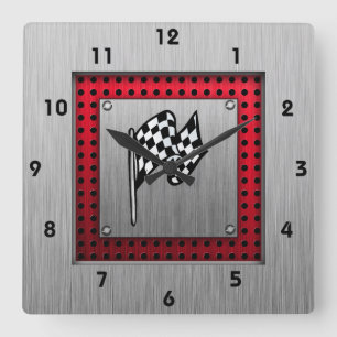 Checkered Flag; brushed aluminum look Square Wall Clock