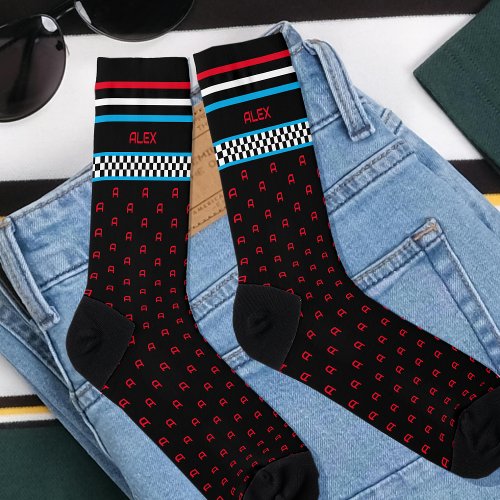 Checkered Flag Custom Monogram Name Blue Socks