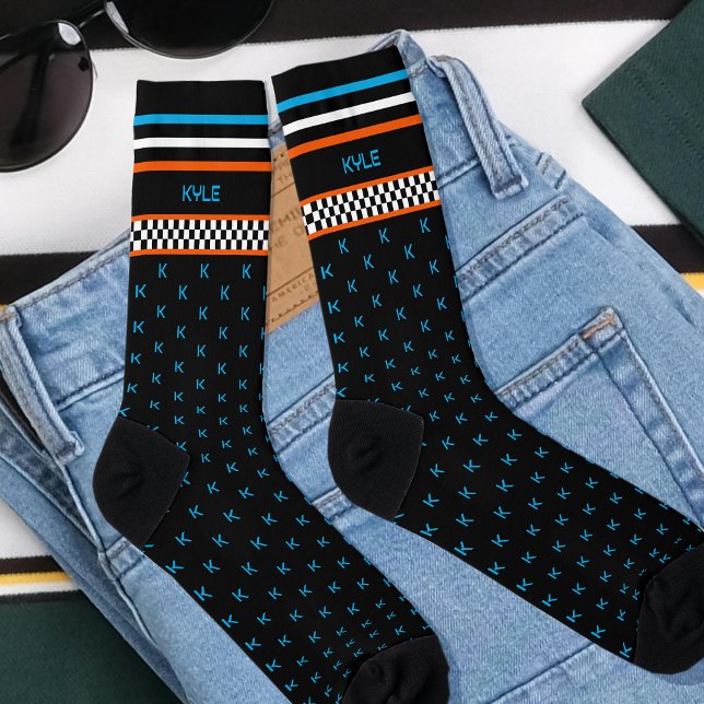 Checkered Flag Custom Monogram Name Orange Socks (Creator Uploaded)