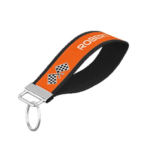 Checkered Flag Custom Name Orange Wrist Keychain