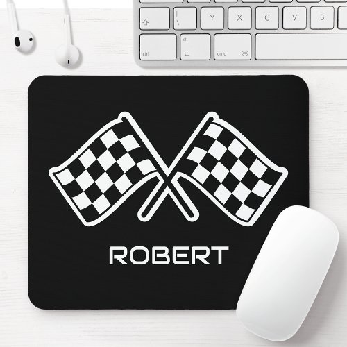 Checkered Flag Custom Name Racing Black Mouse Pad