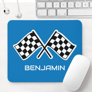 Checkered Flag Custom Name Racing Blue Mouse Pad