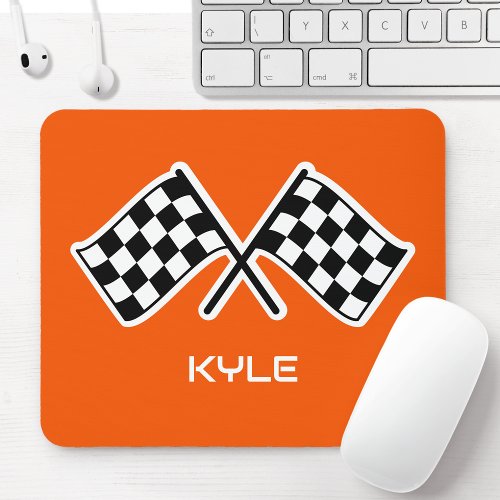 Checkered Flag Custom Name Racing Orange Mouse Pad