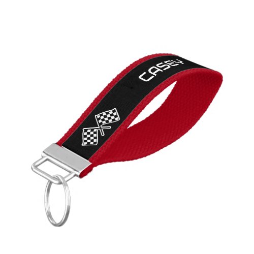 Checkered Flag Custom Name Red Black Wrist Keychain