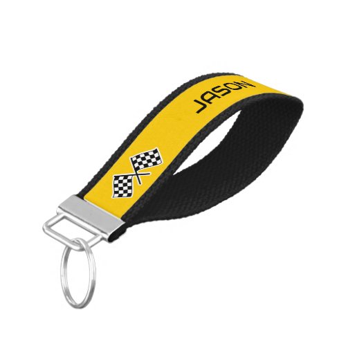 Checkered Flag Custom Name Yellow Wrist Keychain