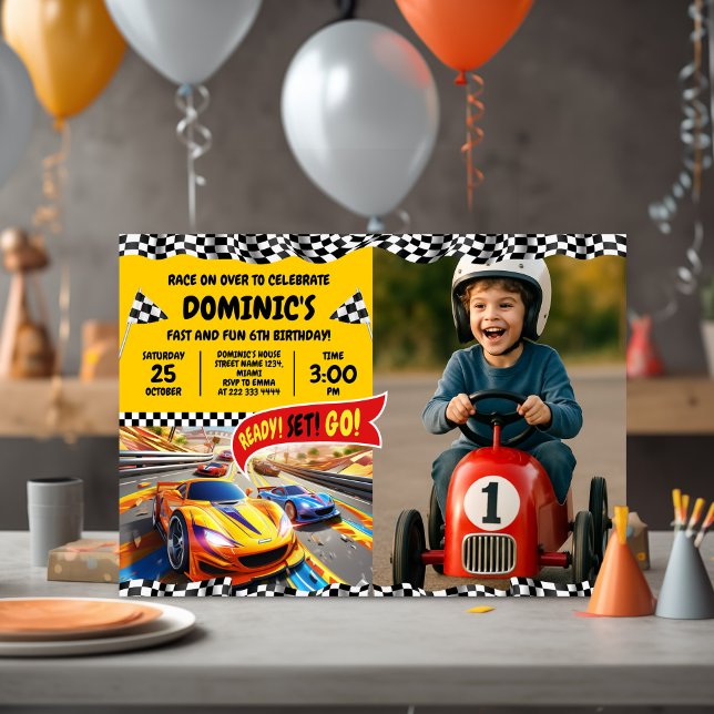 Checkered Flag Party for Children with Photo Invitation (Creator Uploaded)
