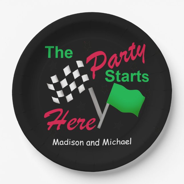 Checkered Flag Party Starts Here Celebration Paper Plates (Front)