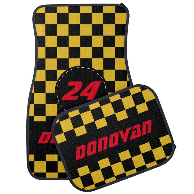 Checkered Flag Pattern | Black & Golden Yellow Car Floor Mat (Set)