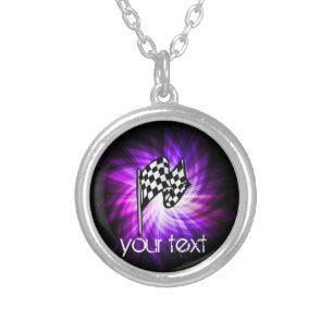 Checkered Flag; purple Silver Plated Necklace