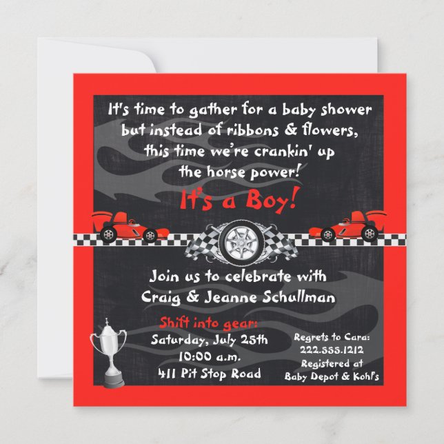 Checkered Flag Race Car Baby Shower Invitations (Front)