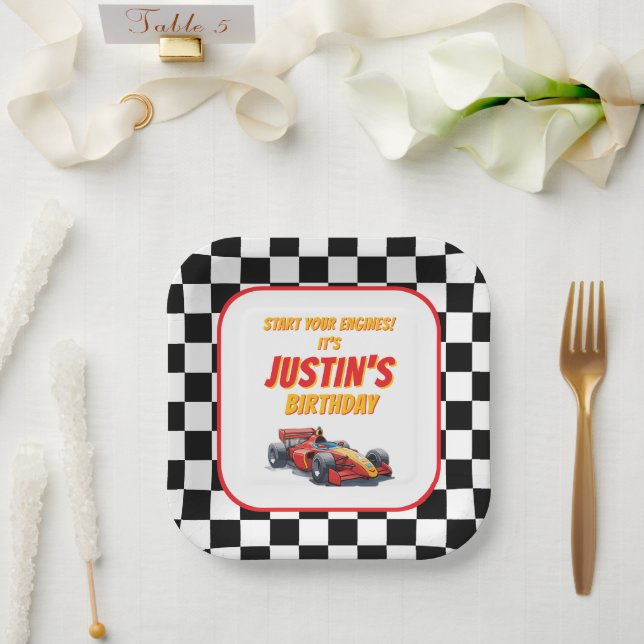 Checkered Flag Race Car Birthday Paper Plates (Wedding)