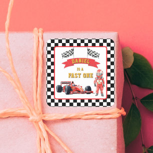 Checkered Flag Race Car Fast One Birthday Square Sticker