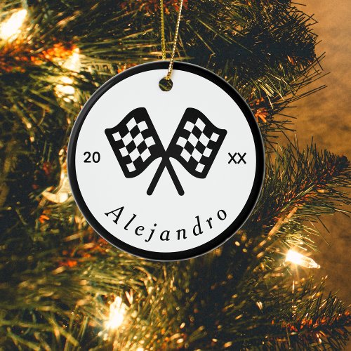 Checkered Flag Racing Racer Custom Name Ceramic Ornament