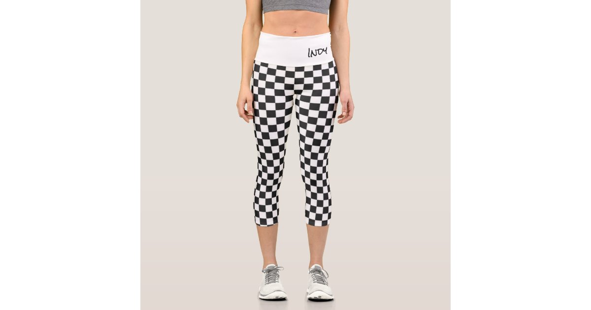 Checkered Flag Racing Sports Custom Text INDY Cars Capri Leggings | Zazzle