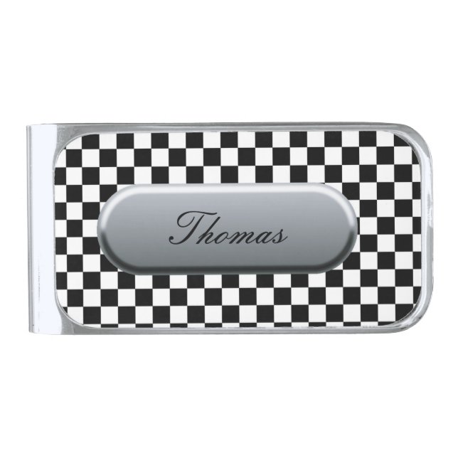 Checkered Flag Silver Finish Money Clip (Front)