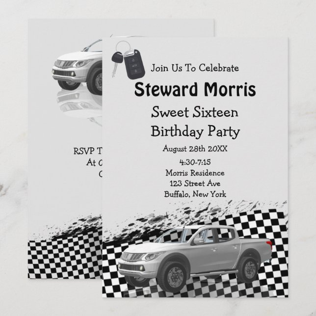 Checkered Flag Truck Sweet Sixteen Birthday Party Invitation (Front/Back)