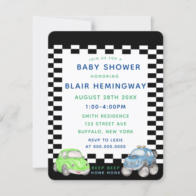 Checkered Flag Watercolor Cars Boy Baby Shower Invitation (Front)