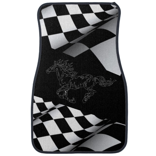 Checkered Flag,  Wild Mustang Horse on Black Car Floor Mat (Front)