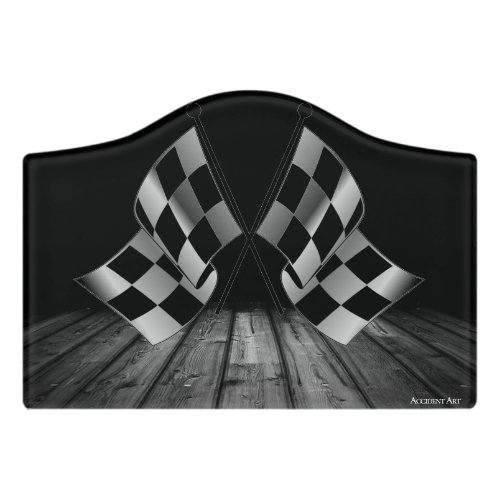 Checkered Flag Wood Grain Print On Black Door Sign