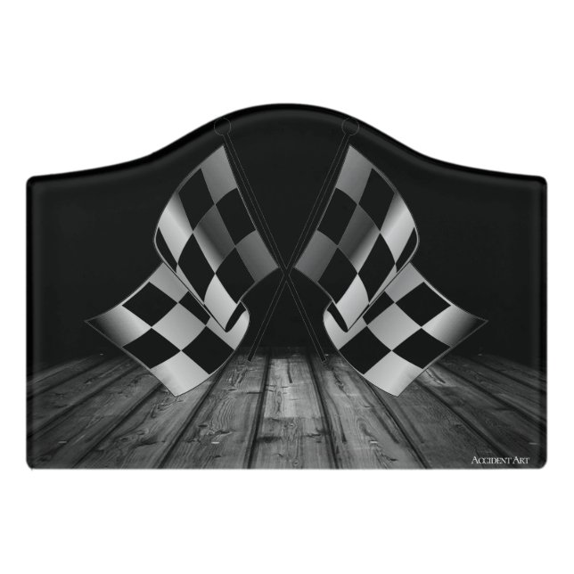 Checkered Flag, Wood Grain Print On Black Door Sign (Small Crest Front)