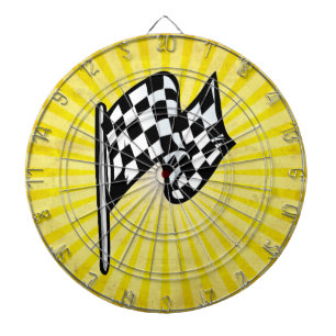 Checkered Flag; yellow Dartboard With Darts