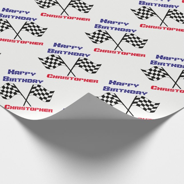 Checkered Flags Happy Birthday Personalized Gift Wrapping Paper (Corner)