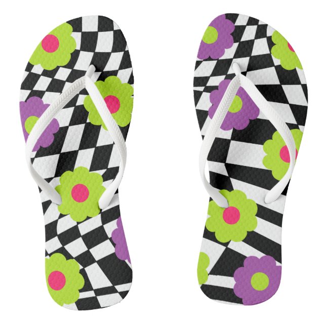 Checkered Flip Flops With MOD Style Flowers  (Footbed)