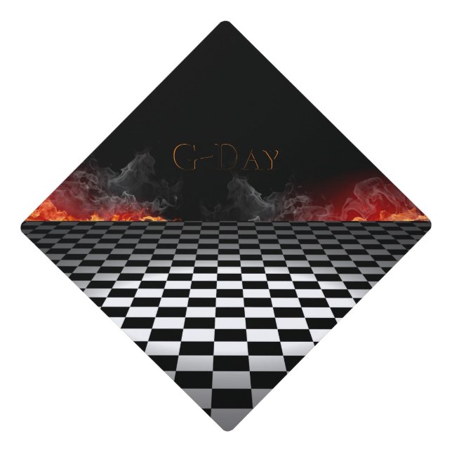 Checkered Floor and Flames on a Graduation Cap Topper (Front)