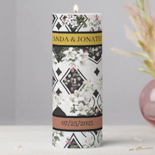 Checkered Floral Modern Custom Name Wedding Unity  Pillar Candle