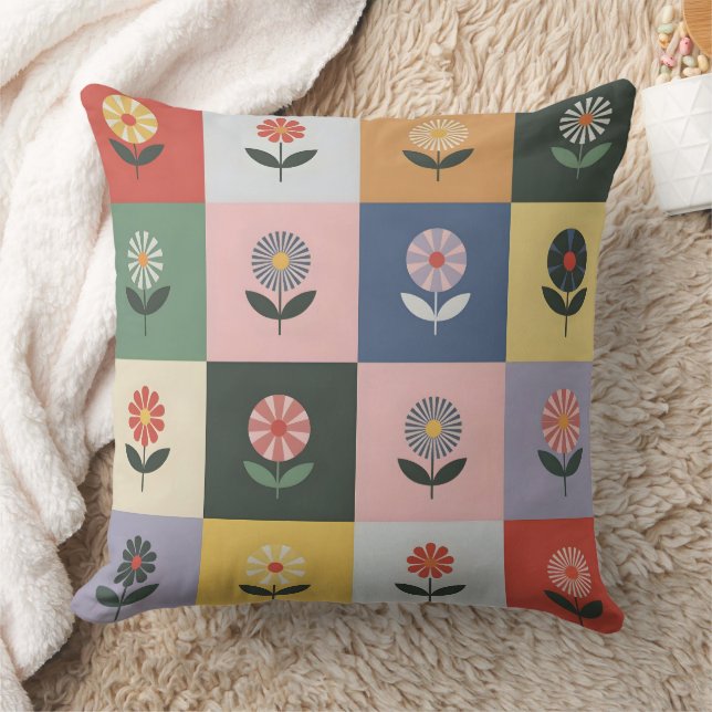 Checkered Floral Pattern Throw Pillow (Blanket)
