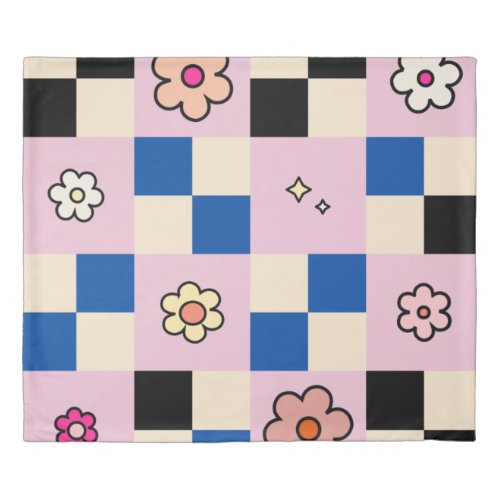 Checkered Flower Colorful Check Pattern Pink Blue  Duvet Cover