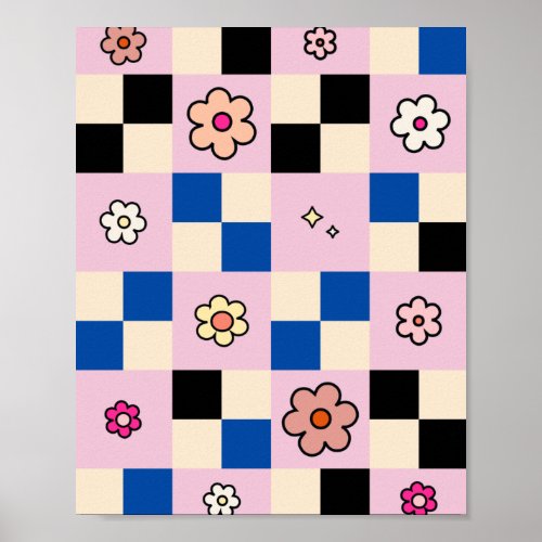 Checkered Flower Colorful Check Pattern Pink Blue Poster