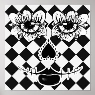 Checkered Flower Face Black and White Surreal Ar Poster