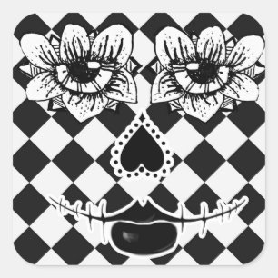 Checkered Flower Face Surreal Square Sticker