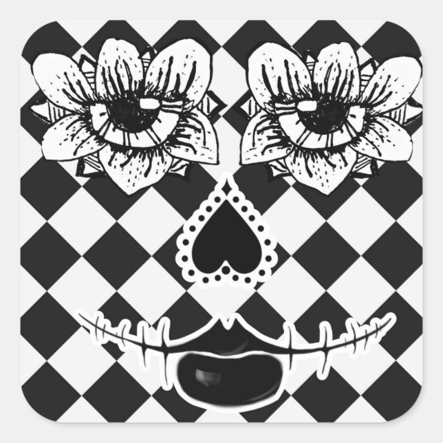 Checkered Flower Face | Surreal Square Sticker (Front)