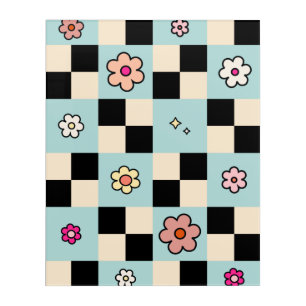 Checkered Flower Pattern Mint Retro Check Acrylic Print