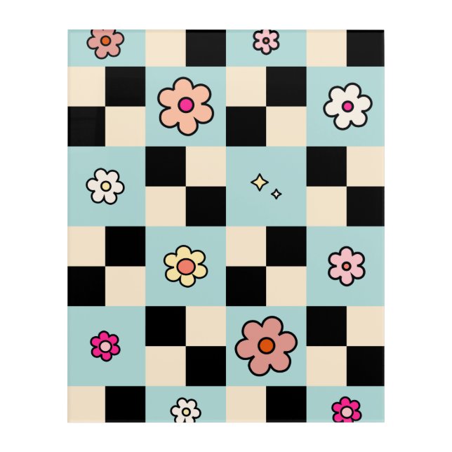 Checkered Flower Pattern Mint Retro Check Acrylic Print (Front)