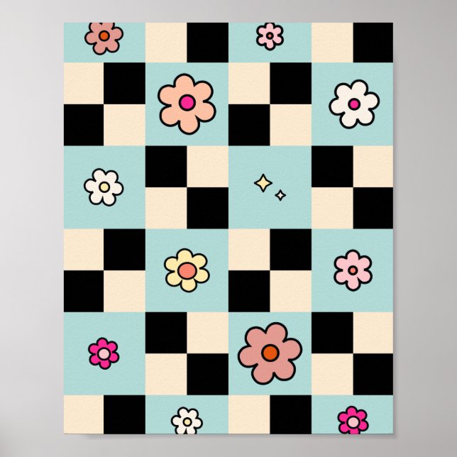 Checkered Flower Pattern Mint Retro Check Poster (Front)