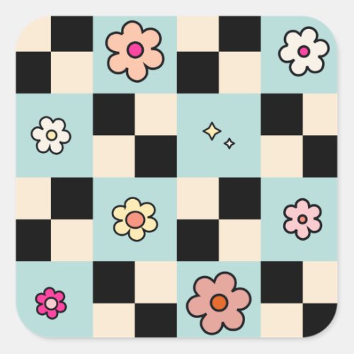Checkered Flower Pattern Mint Retro Check Square Sticker