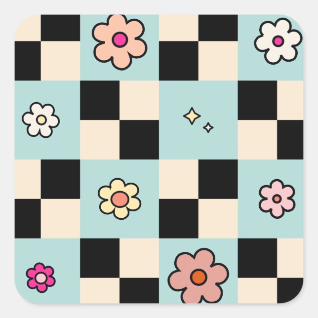 Checkered Flower Pattern Mint Retro Check Square Sticker (Front)
