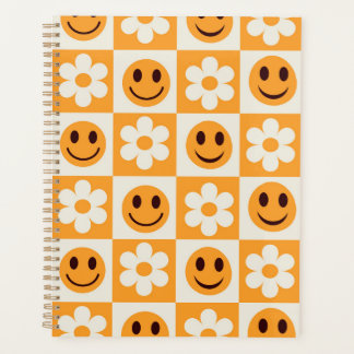 Checkered flowers and happy faces Orange planner