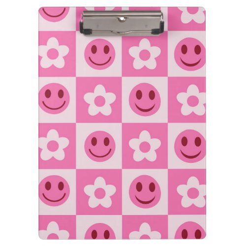 Checkered flowers and happy faces pink  clipboard